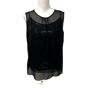 Talbots Sequin Chiffon Blouse Top Womens 12 Black Sleeveless Party Going Out